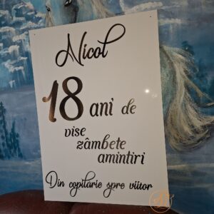 Panou 50x70cm plexiglass alb pentru majorat, 18 ani