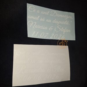 Sticker alb cu nume si data, pentru platoul de verighete