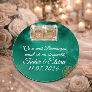 Suport pentru verighete din oglinda verde si cutiuta transparenta