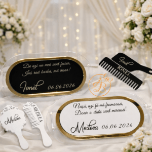 Set elegant personalizat pentru mire si mireasa, din plexiglass si oglinda