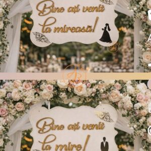 Set 2 placute Bine ati venit la mire/mireasa, cu text decupat si sticker auriu