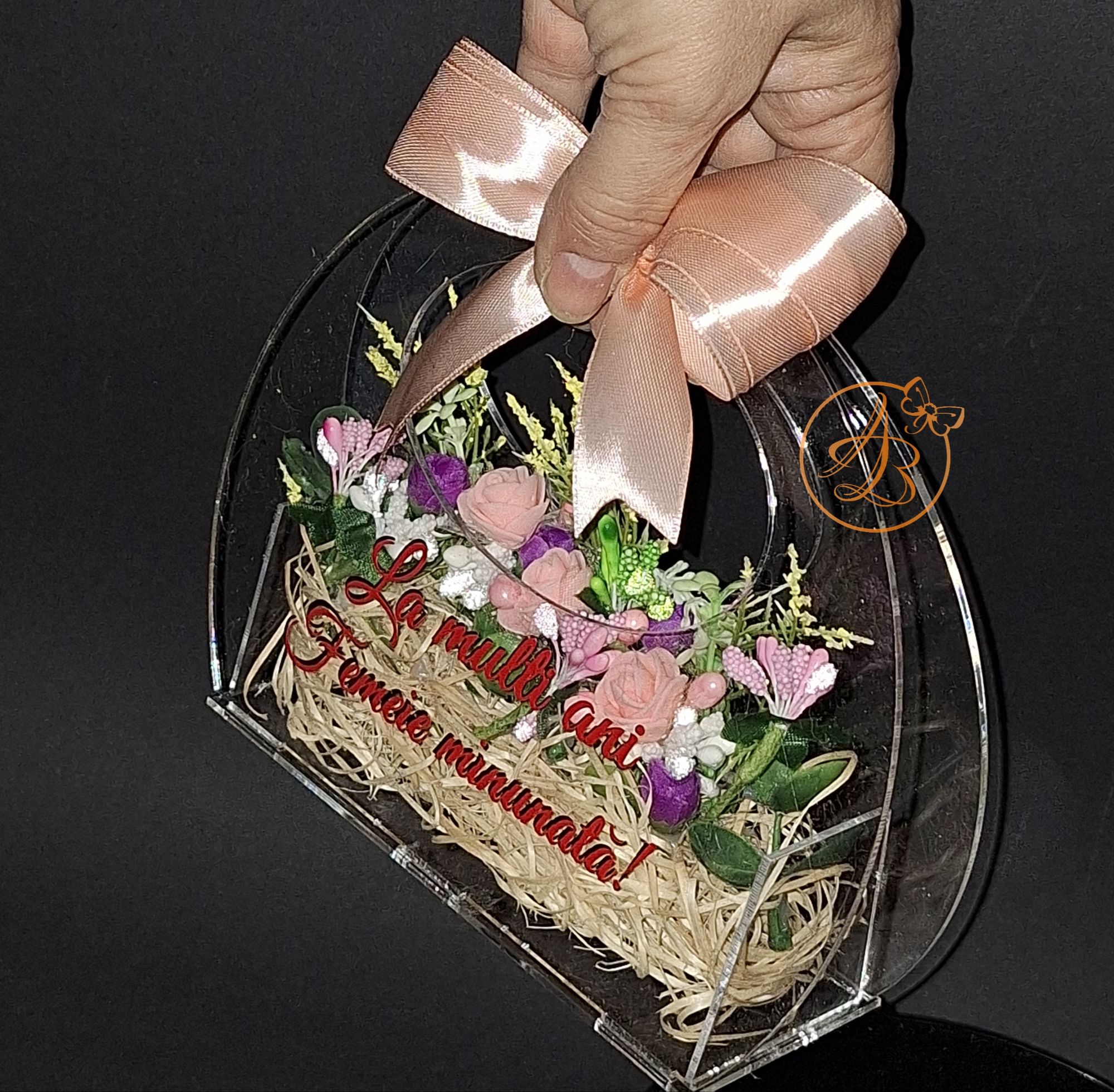 Poseta din plexiglass transparent, cu floricele artificiale - imagine 8