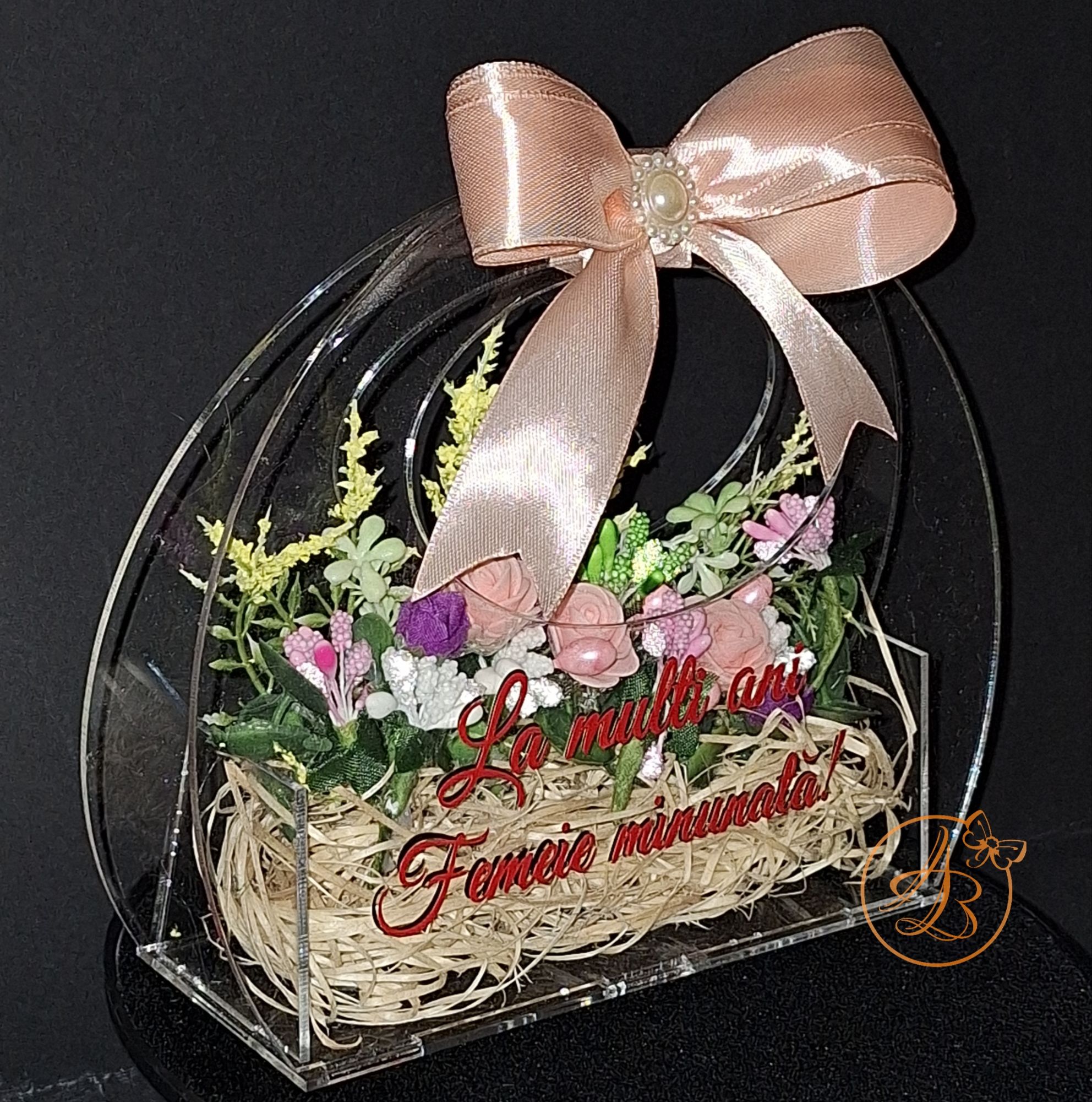 Poseta din plexiglass transparent, cu floricele artificiale - imagine 6