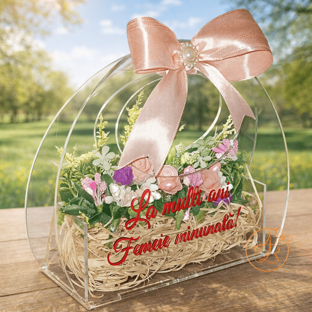 Poseta din plexiglass transparent, cu floricele artificiale - imagine 3