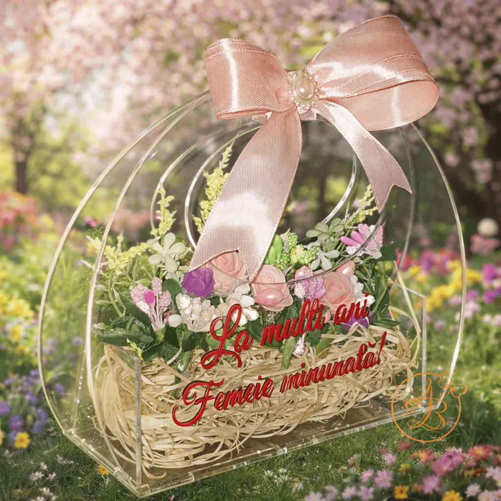 Poseta din plexiglass transparent, cu floricele artificiale - imagine 2
