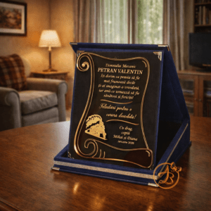 Trofeu elegant din oglinda in cutie de catifea albastra