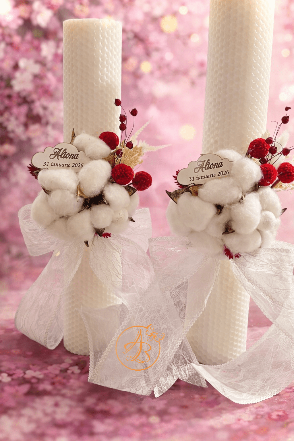 Lumanare pentru botez fetita, cu flori uscate si placuta personalizata - imagine 5