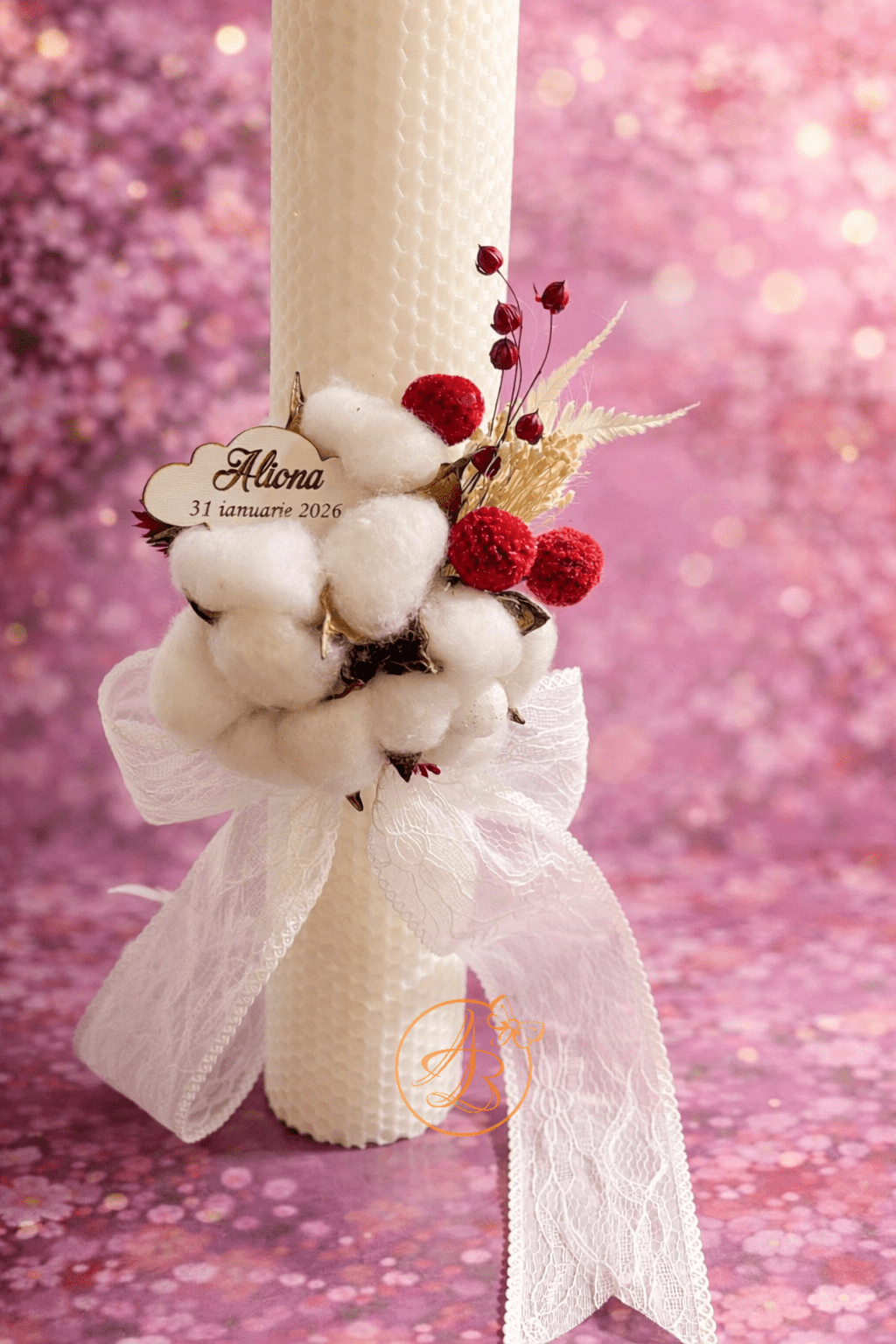 Lumanare pentru botez fetita, cu flori uscate si placuta personalizata