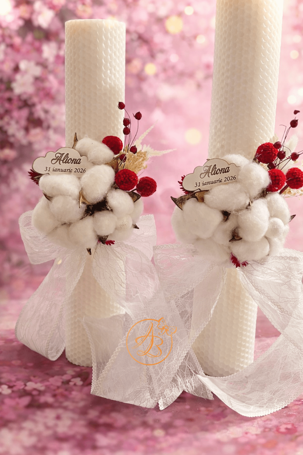 Lumanare pentru botez fetita, cu flori uscate si placuta personalizata - imagine 2