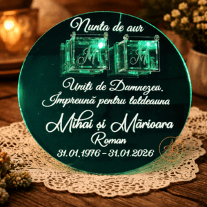 Suport pentru verighete din oglinda verde si 2 cutiute transparente, pentru nunta de aur