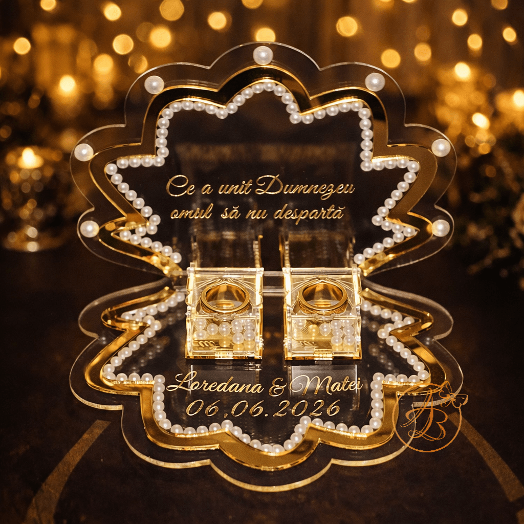 Suport dublat pentru verighete tip scoica cu oglinda si margele, cutiute transparente