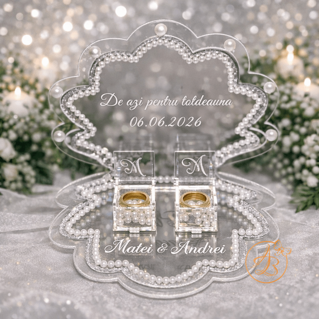 Suport dublat pentru verighete tip scoica cu oglinda si margele, cutiute transparente - imagine 12