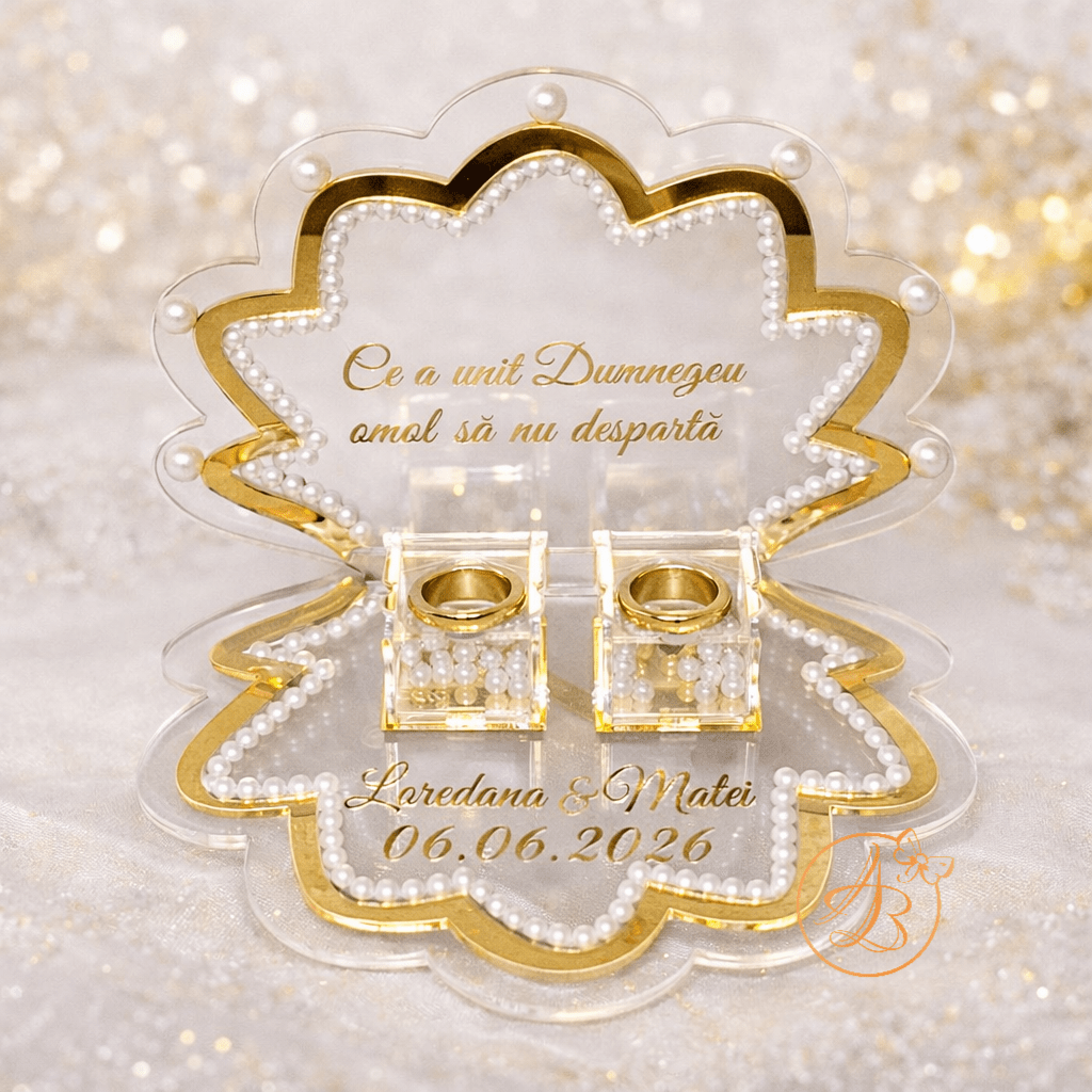 Suport dublat pentru verighete tip scoica cu oglinda si margele, cutiute transparente - imagine 11