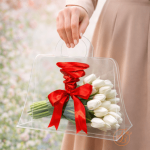 Poseta din plexiglass cu maner si loc pentru panglica