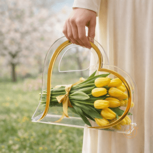 Poseta din plexiglass, inimioara cu maner din oglinda