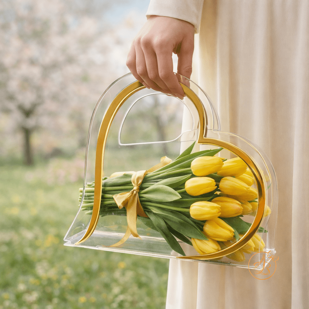 Poseta din plexiglass, inimioara cu maner din oglinda