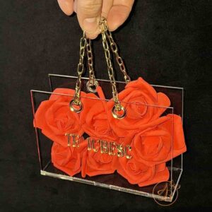 Poseta mica din plexiglass transparent cu maner auriu