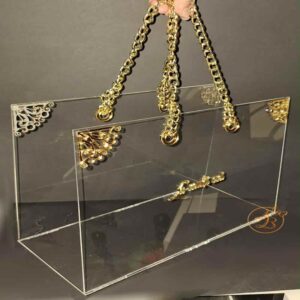 Poseta mare din plexiglass transparent cu maner auriu