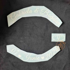 Sticker pentru oglinda miresei, cu numele mirilor si data nuntii