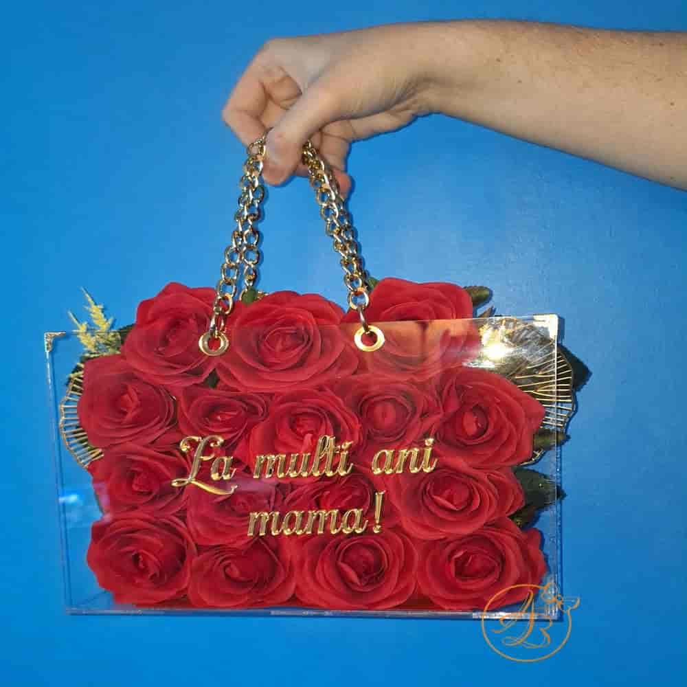 Poseta, geanta din plexiglass transparent cu maner auriu si trandafiri artificiali sau de sapun - imagine 15