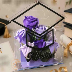 Poseta, geanta din plexiglass transparent cu toca neagra si flori, pentru absolventi