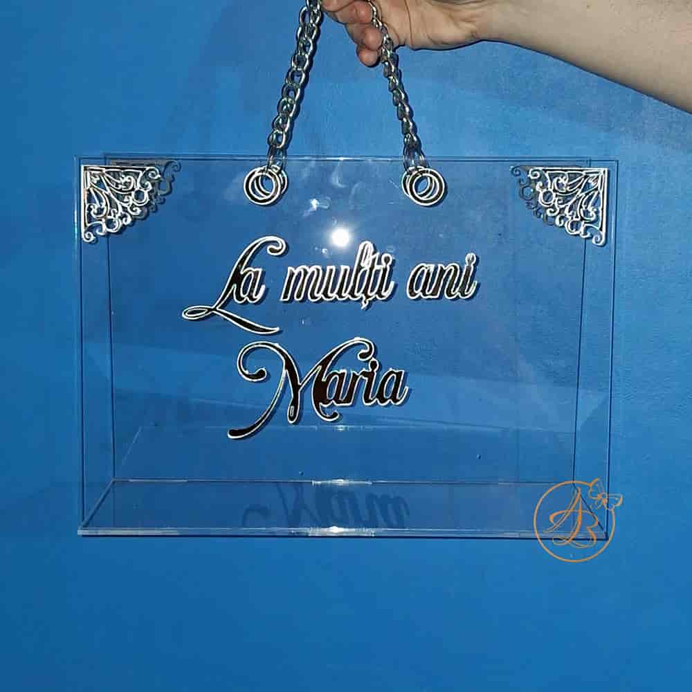 Poseta, geanta mare din plexiglass transparent cu maner argintiu - imagine 4