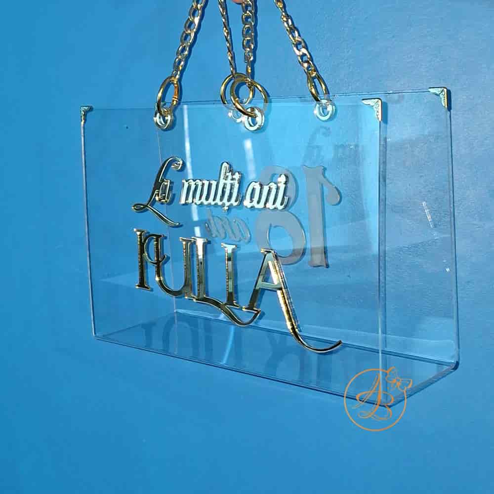 Poseta, geanta medie din plexiglass transparent cu text pe ambele laturi - imagine 6