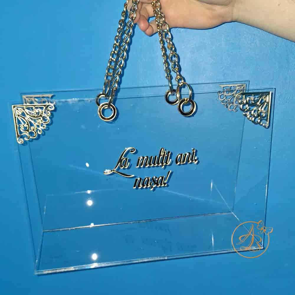 Poseta, geanta mare din plexiglass transparent cu maner auriu - imagine 13