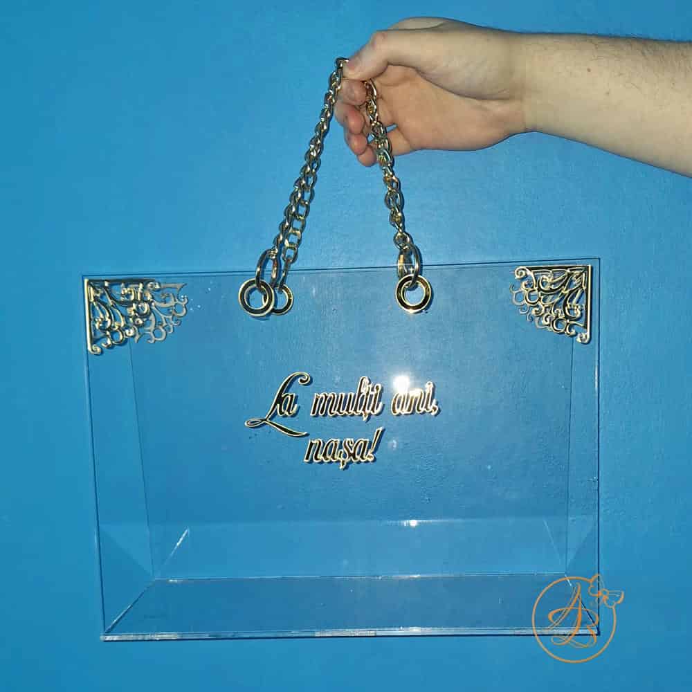 Poseta, geanta mare din plexiglass transparent cu maner auriu - imagine 12
