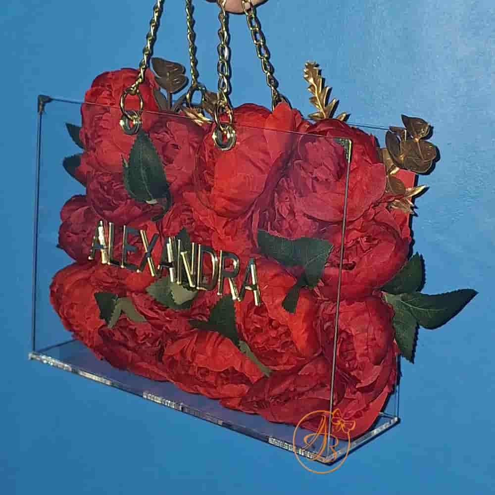 Poseta, geanta din plexiglass transparent cu maner auriu si trandafiri artificiali sau de sapun - imagine 18