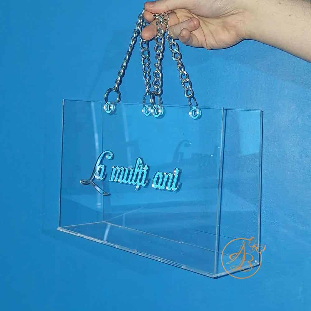 Poseta, geanta medie din plexiglass transparent cu maner argintiu - imagine 3