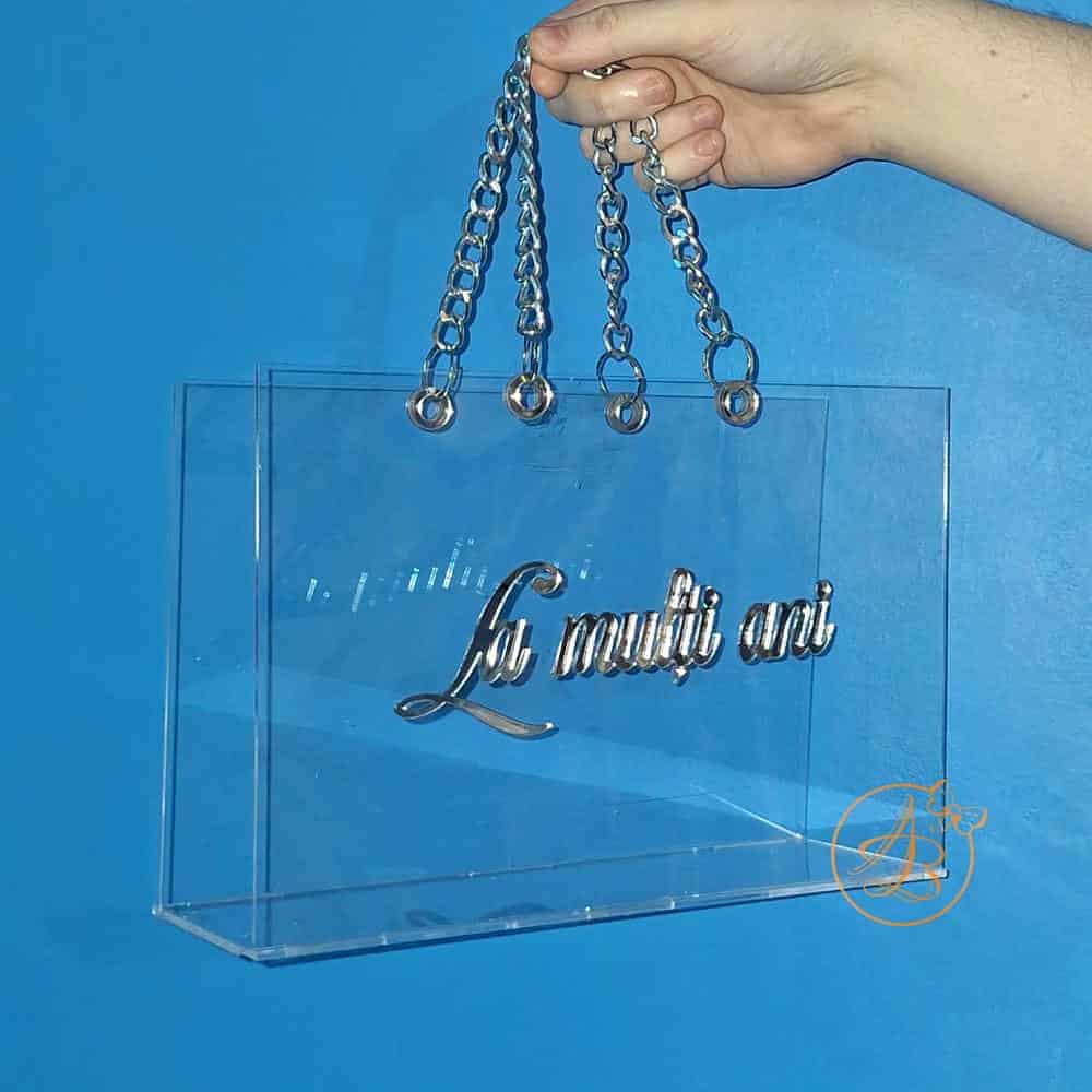 Poseta, geanta medie din plexiglass transparent cu maner argintiu - imagine 2
