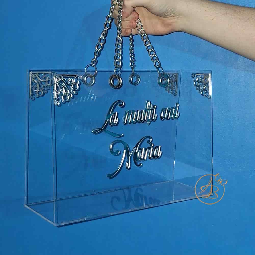 Poseta, geanta mare din plexiglass transparent cu maner argintiu