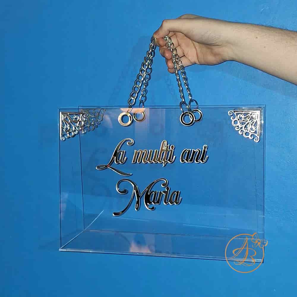 Poseta, geanta mare din plexiglass transparent cu maner argintiu - imagine 2