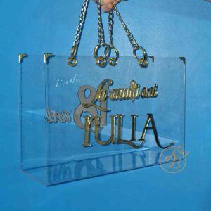 Poseta, geanta medie din plexiglass transparent cu text pe ambele laturi