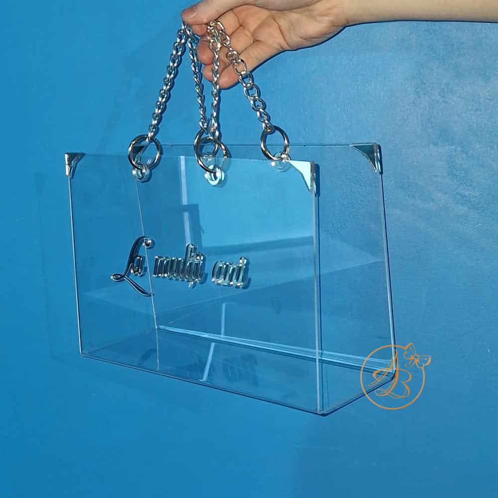 Poseta, geanta medie din plexiglass transparent cu maner argintiu - imagine 5
