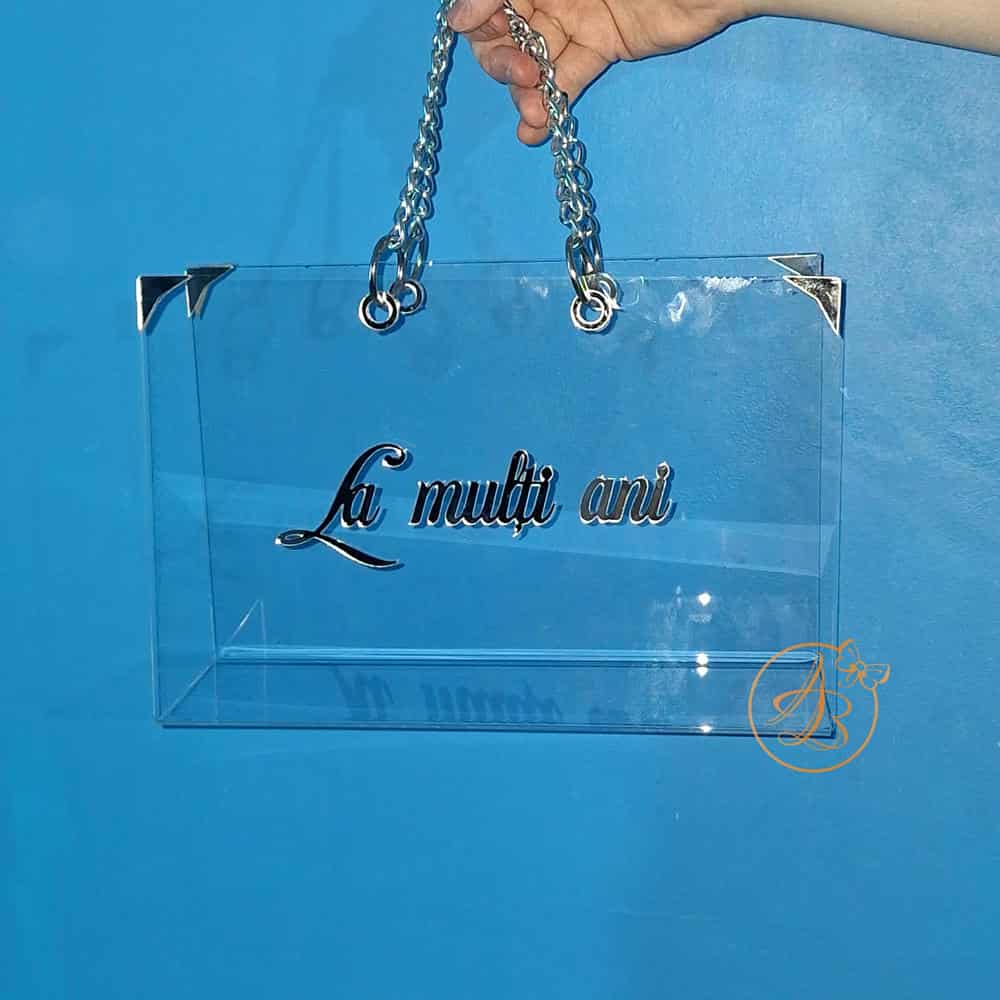Poseta, geanta medie din plexiglass transparent cu maner argintiu - imagine 4