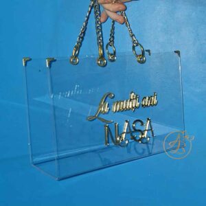Poseta, geanta medie din plexiglass transparent cu maner auriu
