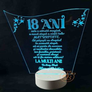 Decor trofeu gravat pentru majorat, 18 ani cu leduri colorate