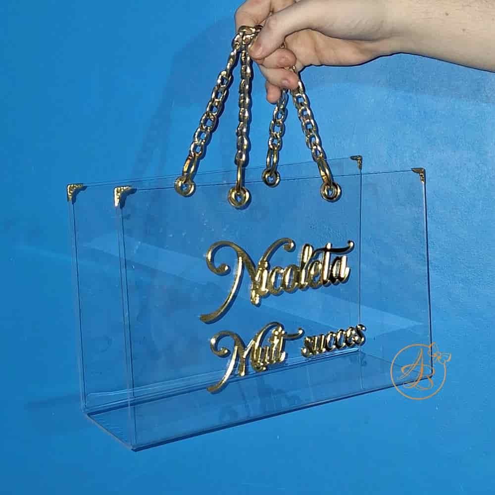 Poseta, geanta mijlocie din plexiglass transparent cu maner auriu - imagine 8