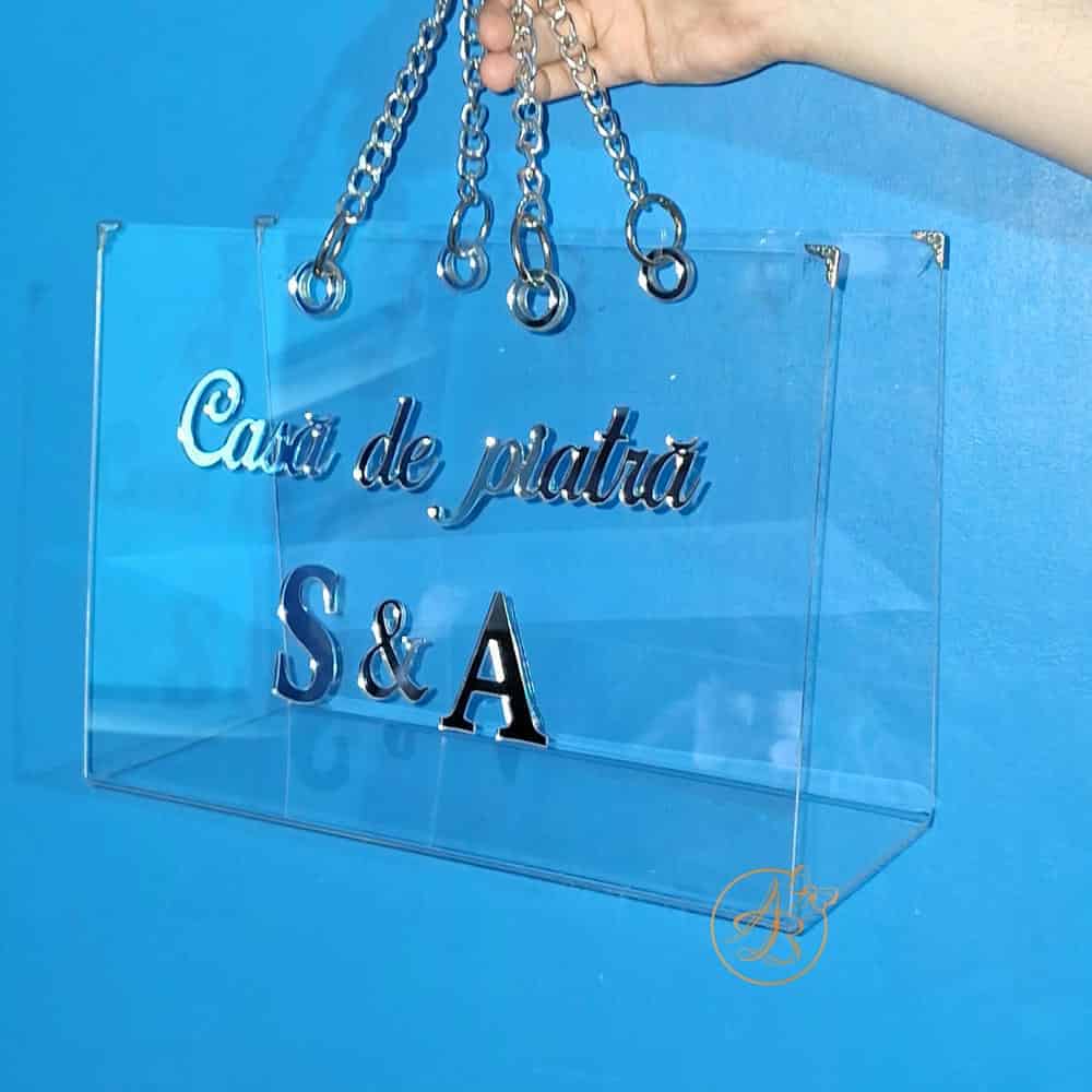 Poseta, geanta mijlocie din plexiglass transparent cu maner argintiu - imagine 5
