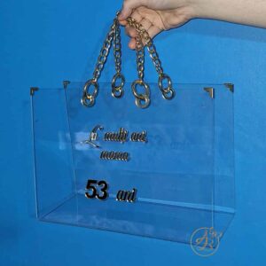 Poseta, geanta mare din plexiglass transparent cu maner auriu