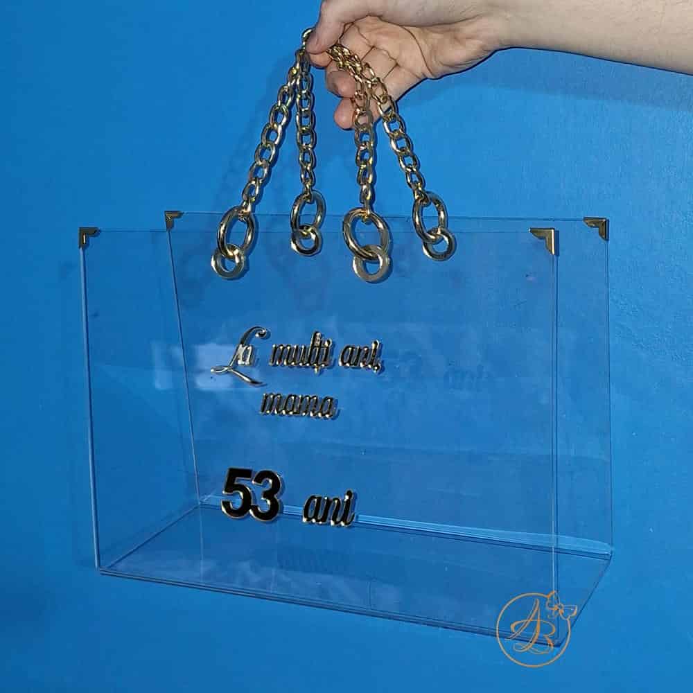Poseta, geanta mare din plexiglass transparent cu maner auriu