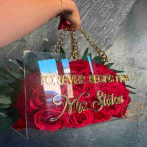 Poseta, geanta medie din plexiglass transparent cu maner auriu