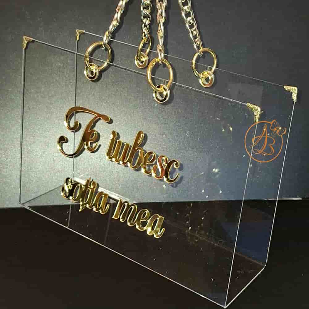 Poseta, geanta mijlocie din plexiglass transparent cu maner auriu - imagine 7
