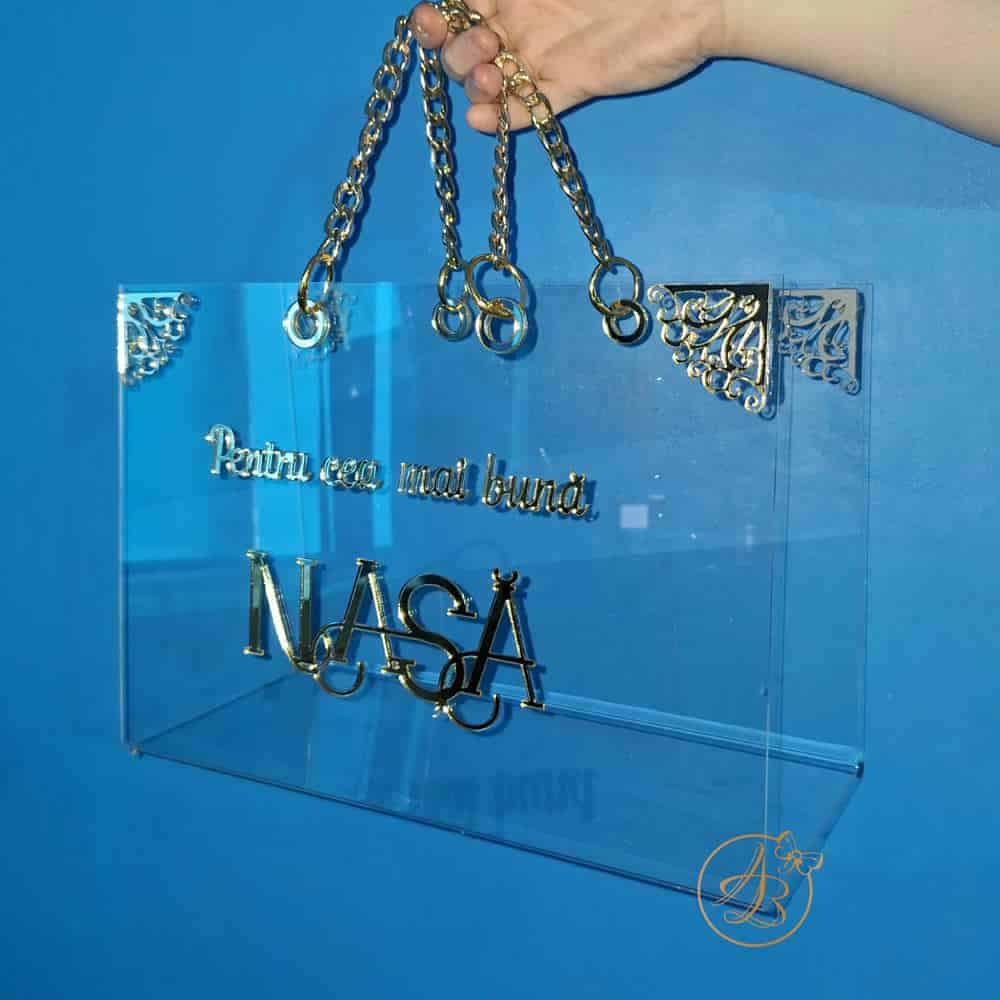 Poseta, geanta mare din plexiglass transparent cu maner auriu - imagine 24