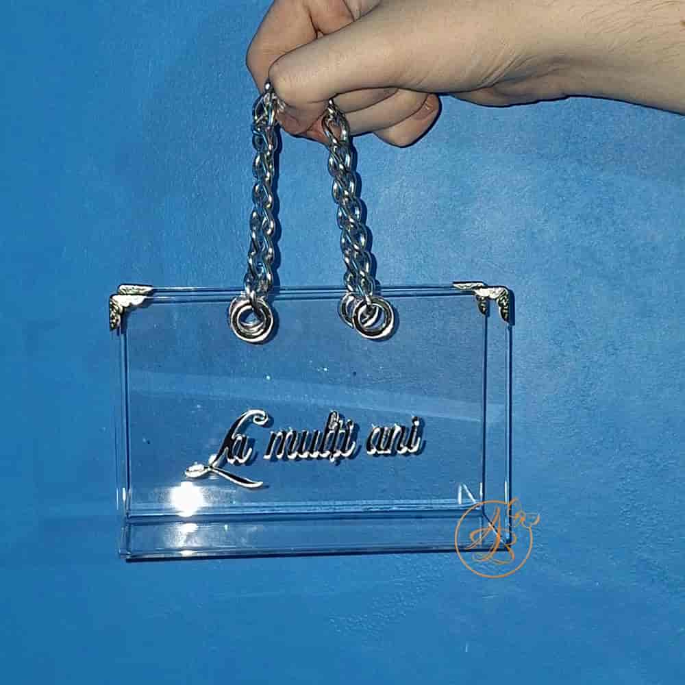 Poseta, geanta mica din plexiglass transparent cu maner argintiu - imagine 3