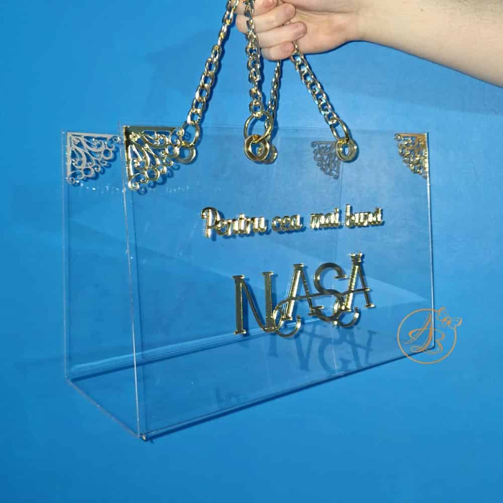 Poseta, geanta mare din plexiglass transparent cu maner auriu - imagine 22