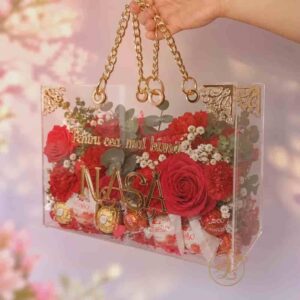 Poseta, geanta medie din plexiglass transparent cu maner auriu