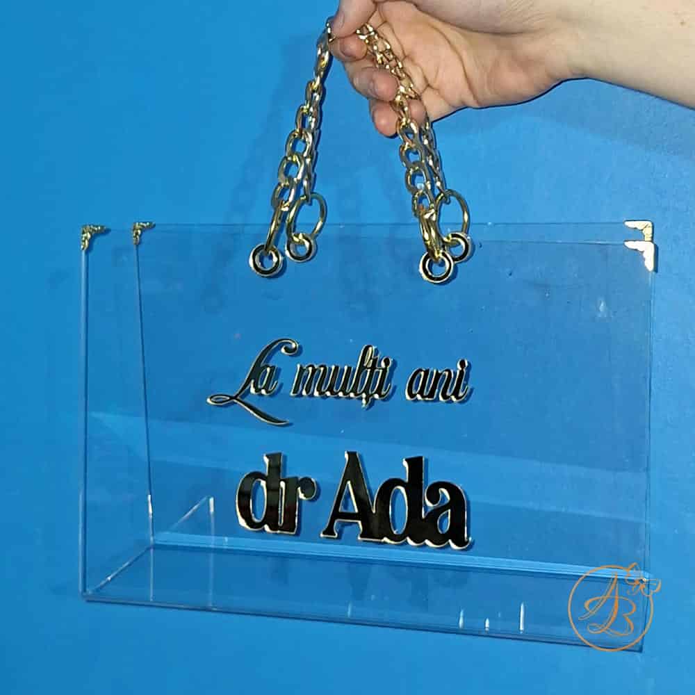 Poseta, geanta mijlocie din plexiglass transparent cu maner auriu - imagine 11
